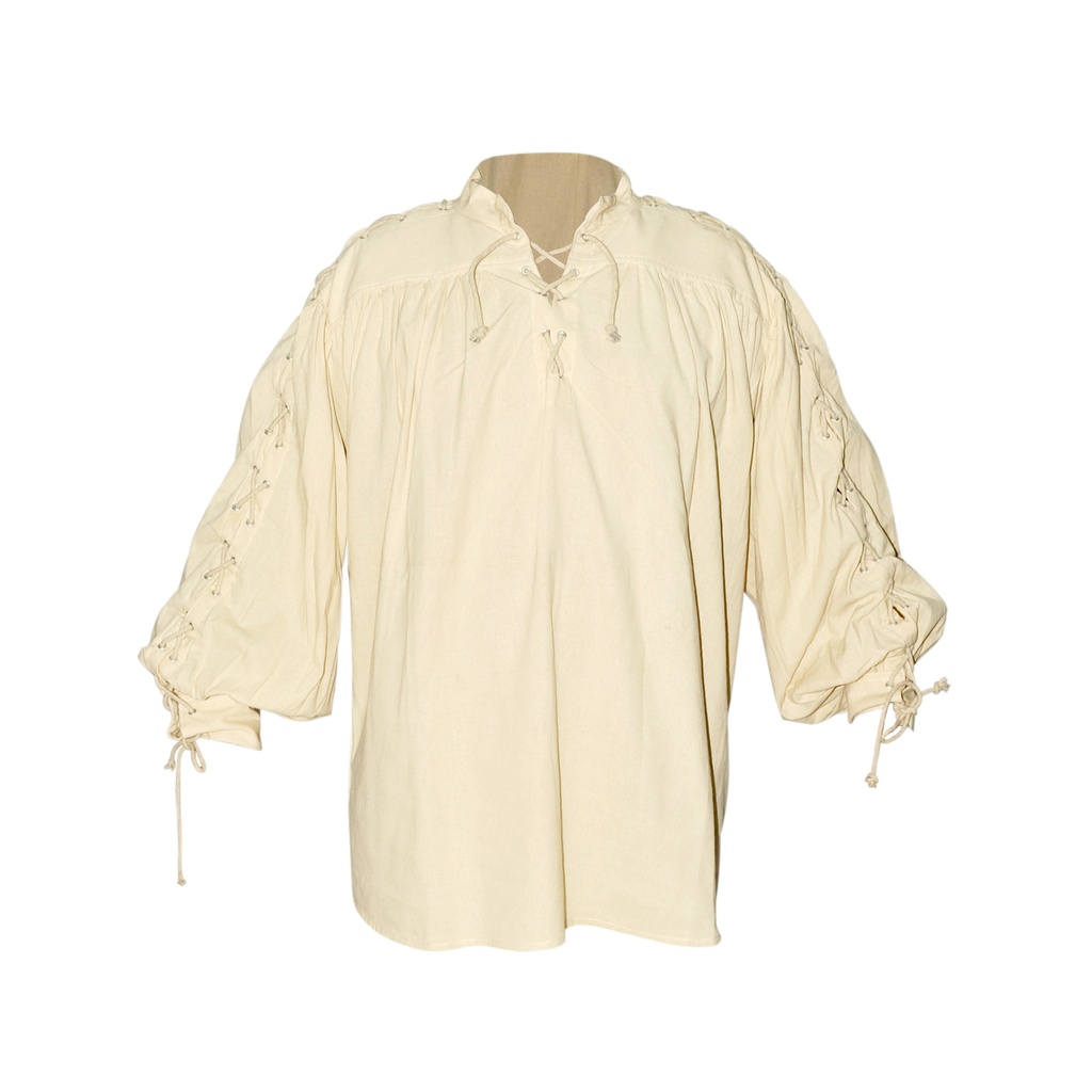 Medieval Cotton Shirt with lacing on collar and sleeves | Size XXL | Color natural