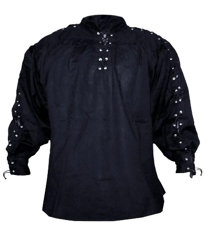Medieval Cotton Shirt with lacing on collar and sleeves | Size XXL | Color black