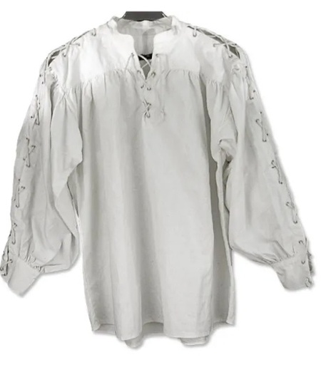 [SAY/AZG/1007-M-W] Medieval Cotton Shirt with lacing on collar and sleeves | Size M | Color white
